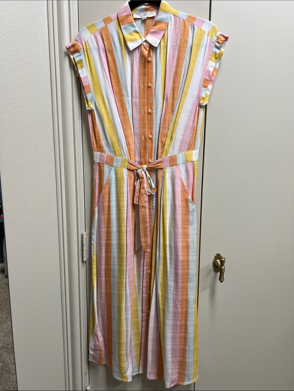 LOFT Sleeveless Striped Maxi Shirt Dress in Peach, Yellow, Blue & White
